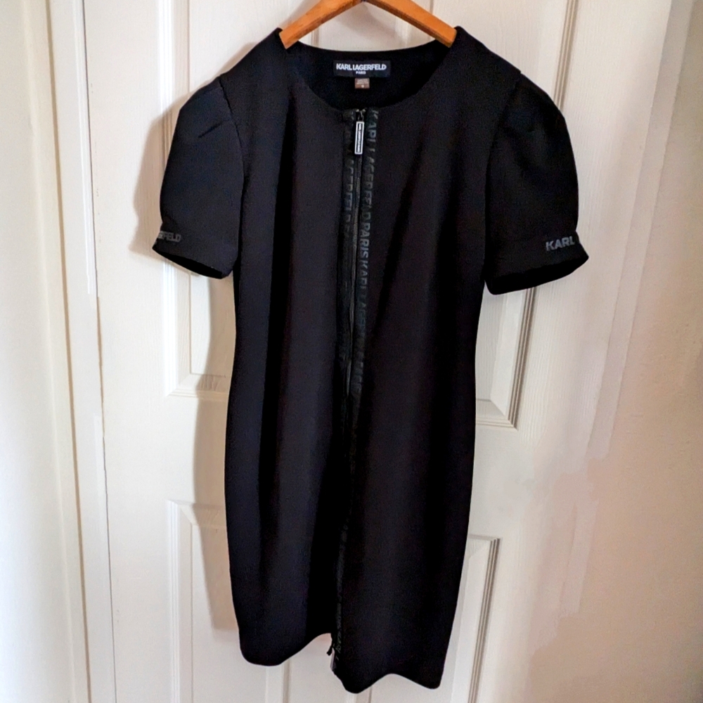 Karl Lagerfeld Front Zip Logo Tape Casual Fitted Silhouette Size 10 Black Dress